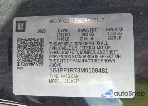 2021 Chevrolet Camaro Rwd Lt1 from USA, damaged, VIN 1G1FF1R73M0108481